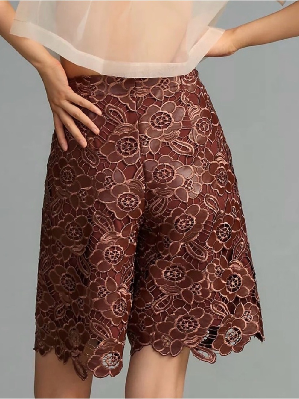 Anthropologie faux leather lace floral shorts Lined. Front zip Chocolate color 6 - Picture 3 of 12